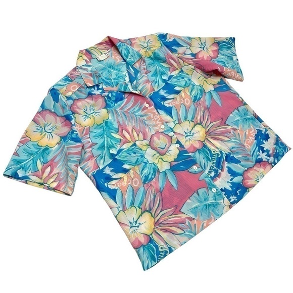 Tanjay Vintage costal floral hawaian beach style short sleeves size 12 fits L - Picture 5 of 8